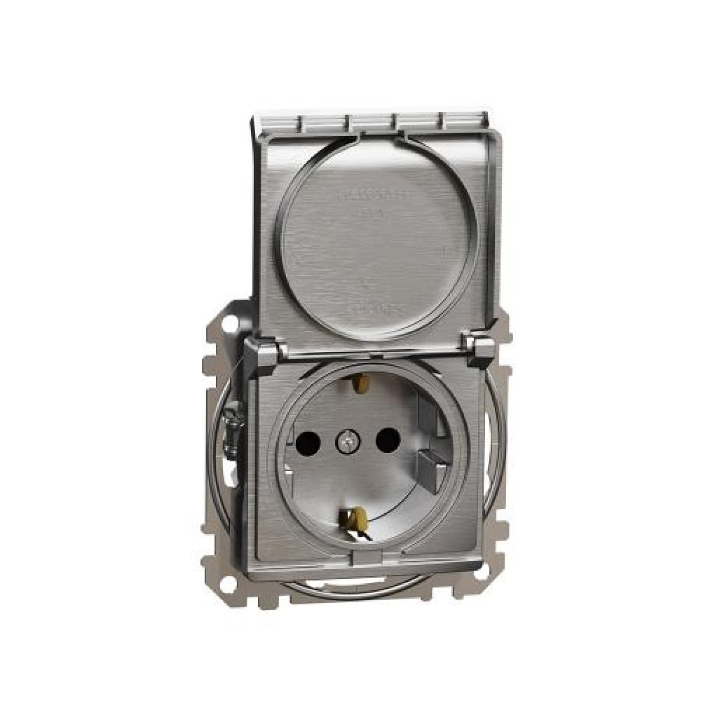 Розетка с заземлением с крышкой и защитными шторками Schneider Electric Sedna Design Матовый алюминий SDD180024